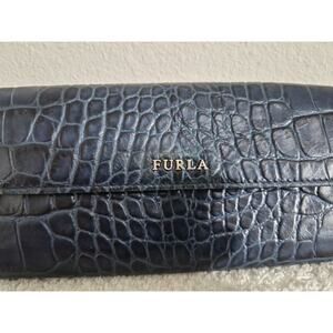 Furla Navy Blue Wallet Crocodile Print Leather 162166